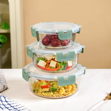 Nestro Pro Spill Proof Food Containers Set Of 3 Round Sage Green 400ml 600ml 950ml