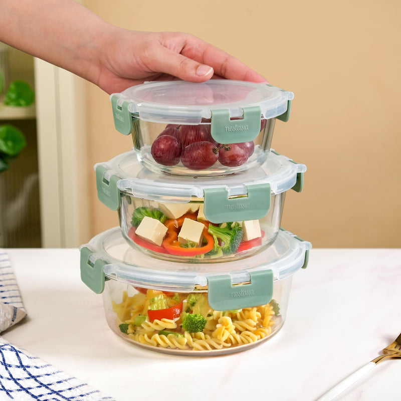 Nestro Pro Spill Proof Food Containers Set Of 3 Round Sage Green 400ml 600ml 950ml