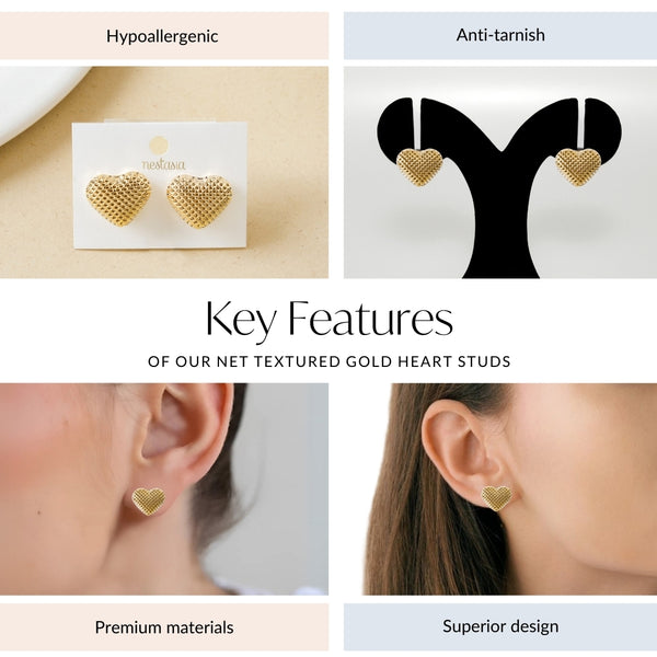 Net Textured Gold Heart Studs