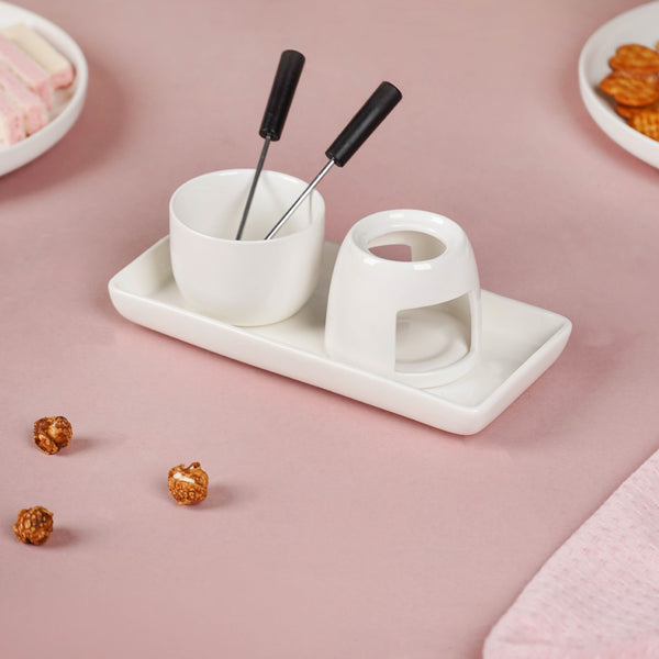 Mini White Fondue Set With Plate