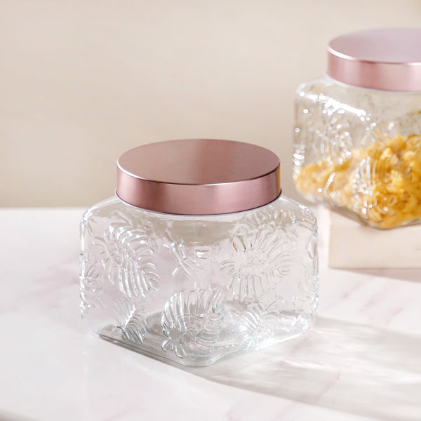 Set Of 4 Monstera Leaf Glass Jar With Rose Gold Lid 1500ml