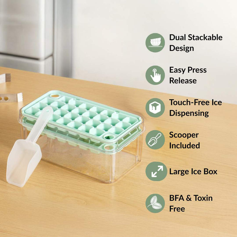 One Press Double Layer Ice Cube Tray With Bin And Scoop 2200ml