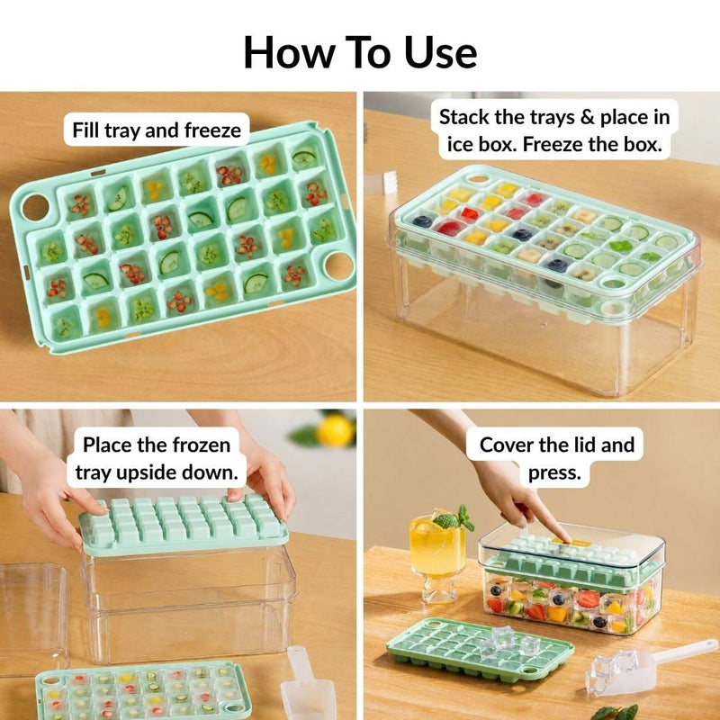 One Press Double Layer Ice Cube Tray With Bin And Scoop 2200ml