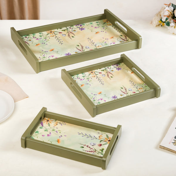 Valley Of Flowers Wooden Serving Tray Set Of 3