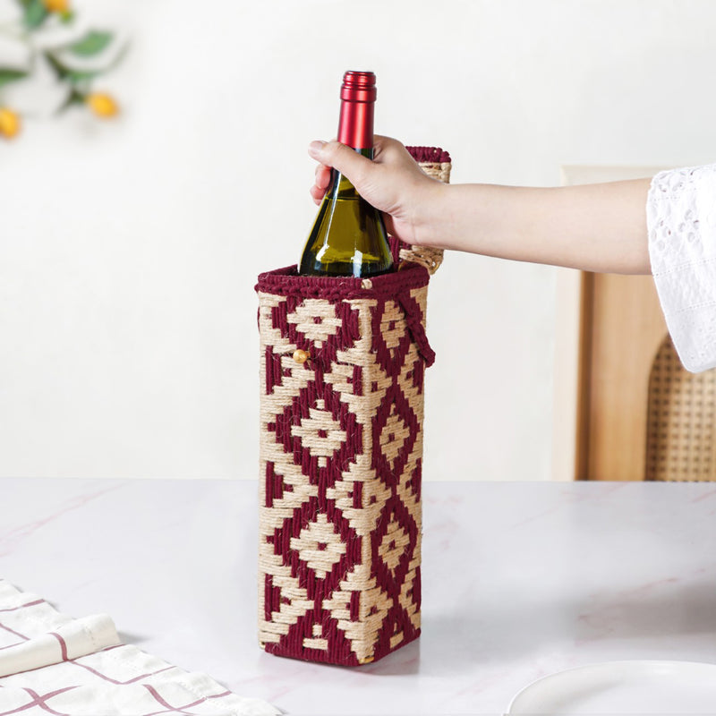 Wine Bottle Holder Handwoven Box Jute Maroon