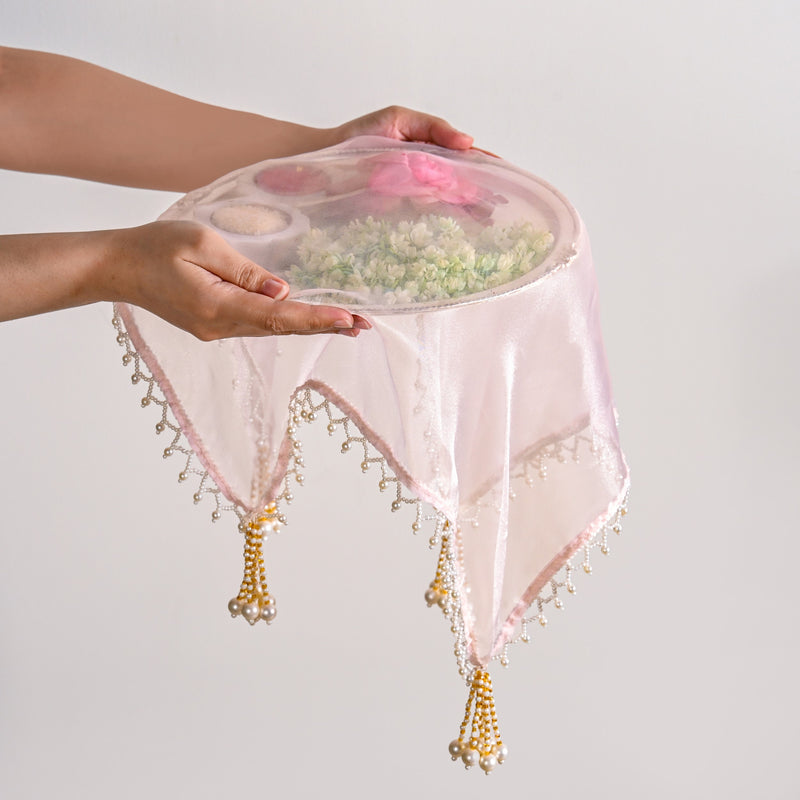 Organza Pink Shagun Thali Cover With Tassels Set Of 2