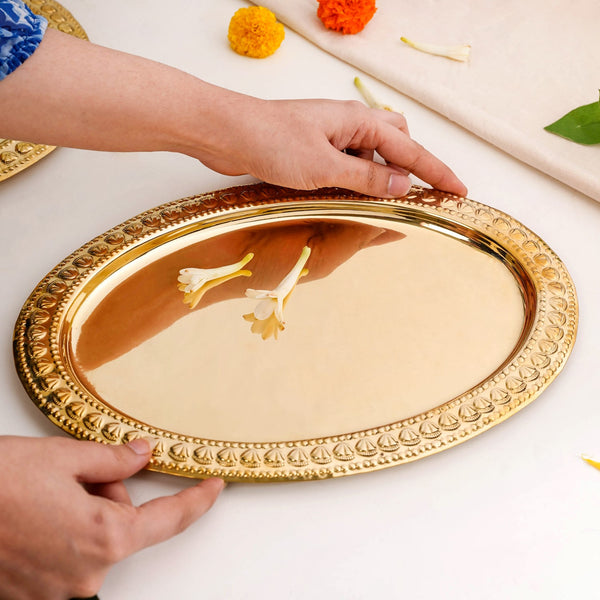 Veda Pure Brass Oval Tray With Embossed Detailing 32x22cm