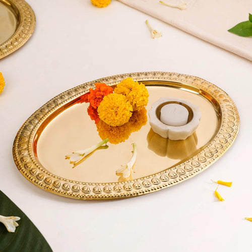 Ornate Brass Thali With Embossed Detailing