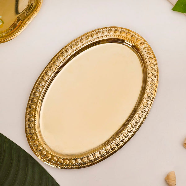 Veda Pure Brass Oval Tray With Embossed Detailing 32x22cm