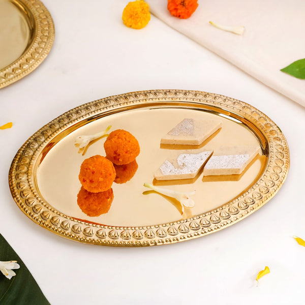 Veda Pure Brass Oval Tray With Embossed Detailing 32x22cm