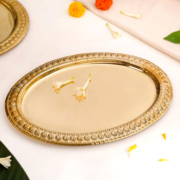 Veda Pure Brass Oval Tray With Embossed Detailing 32x22cm