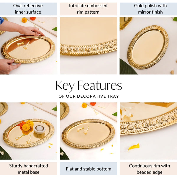Veda Pure Brass Oval Tray With Embossed Detailing 32x22cm