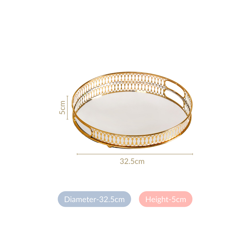 Gold Finish Round Metal Mirror Tray For Decor