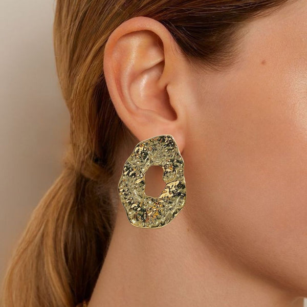 Oval Hollow Abstract Textured Gold Earrings