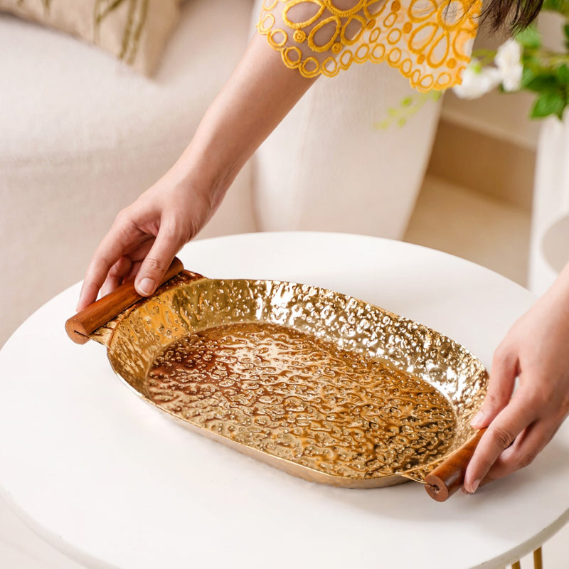 Hammered Design Oval Metal Tray Gold 13x8 Inch