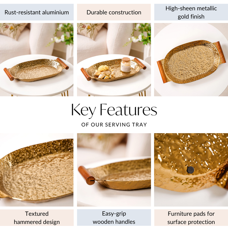 Hammered Design Oval Metal Tray Gold 13x8 Inch
