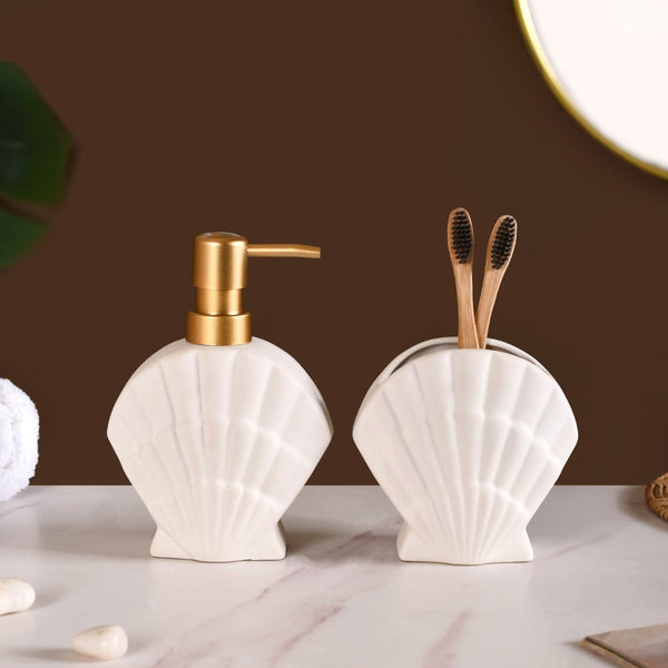 Shell Shaped Ceramic Bathroom Set Of 2 White