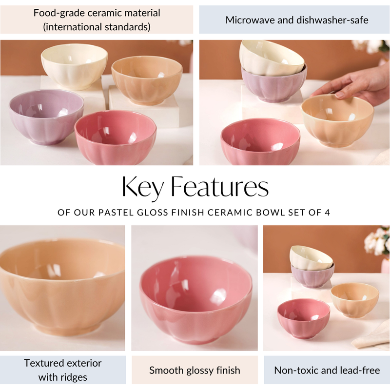 Pastel Gloss Finish Ceramic Bowl Set Of 4 400ml - Snack bowls, ceramic bowls, small bowls, ice cream bowls, ceramic serving bowls