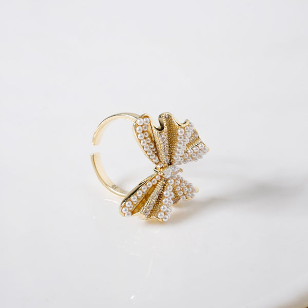 Pearled Butterfly Statement Ring Gold