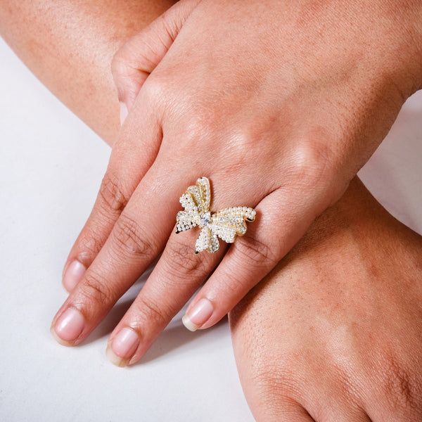 Pearled Butterfly Statement Ring Gold