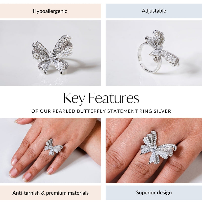 Pearled Butterfly Statement Ring Silver