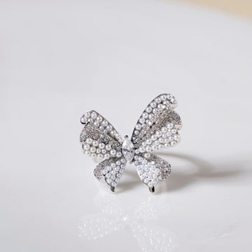 Pearled Butterfly Statement Ring Silver