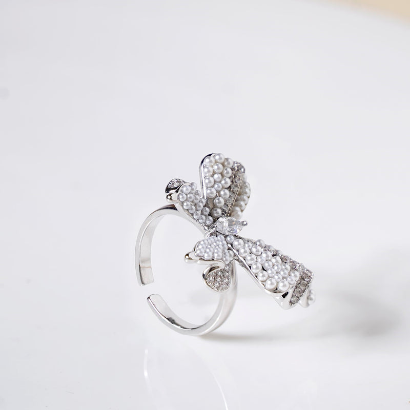 Pearled Butterfly Statement Ring Silver