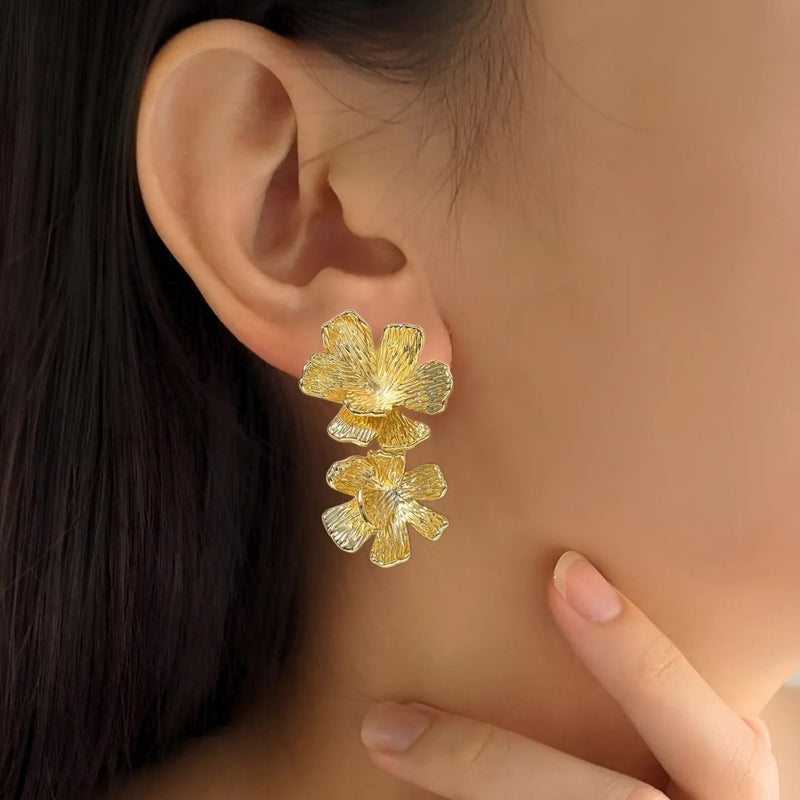 Peony Bloom Gold Drop Earrings