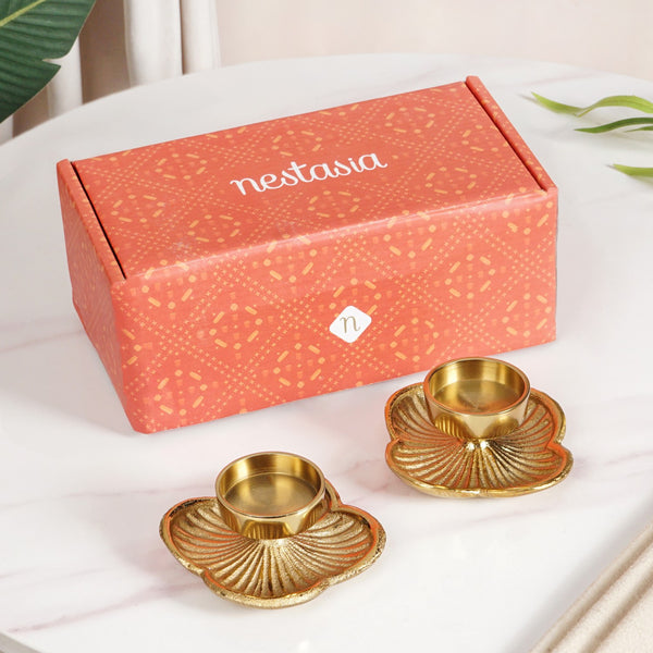 Petal Light Aluminium Tealight Candle Holder Set Of 2 In Festive Gift Box