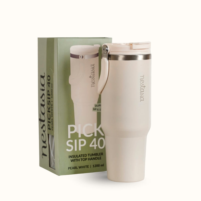 PickSip 40 Insulated Tumbler With Top Handle Pearl White 1200ml
