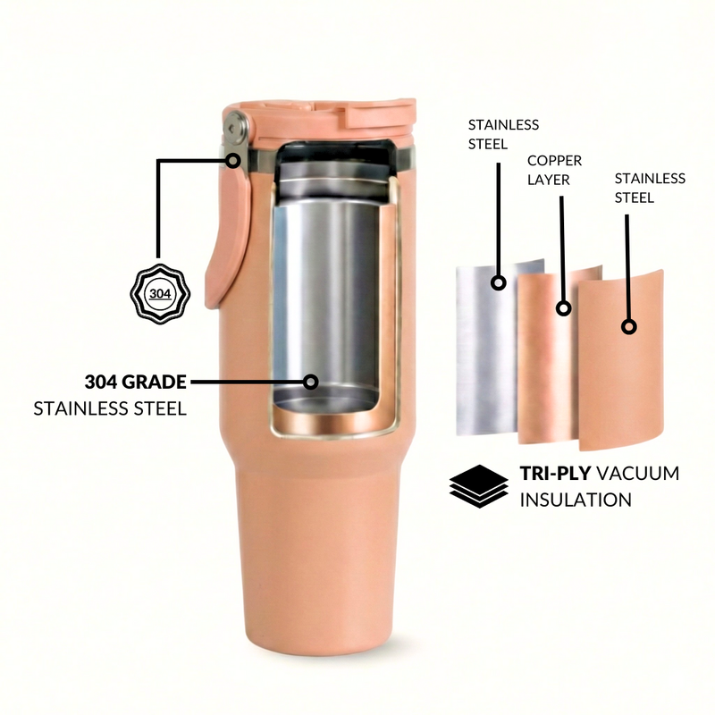 PickSip 40 Insulated Tumbler With Top Handle Soft Nude Peach 1200ml