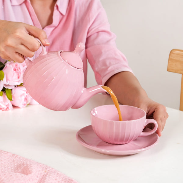 Ambrosia Ceramic Tea Kettle Cup And Saucer Set For 1 Pink