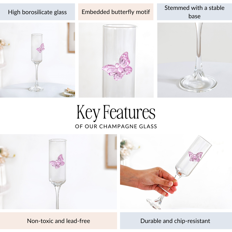 Pink Butterfly Champagne Flute Glass 200ml