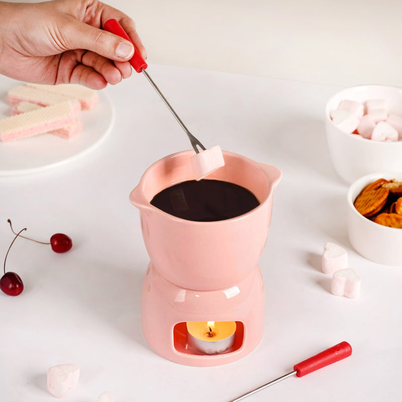 Pink Ceramic Fondue Set With 2 Dipping Skewers