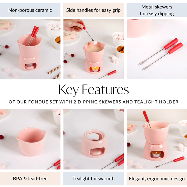 Pink Ceramic Fondue Set With 2 Dipping Skewers