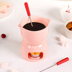 Pink Ceramic Fondue Set With 2 Dipping Skewers