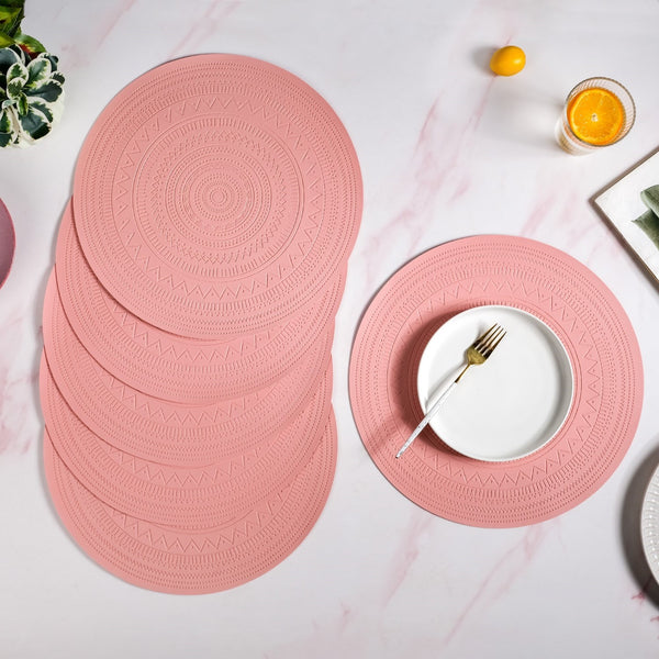 Pink Embossed Warli Design Round Table Mat Set Of 6