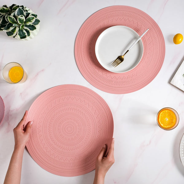 Pink Embossed Warli Design Round Table Mat Set Of 6