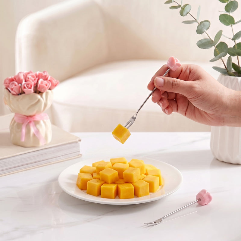 Pink Rose Fruit Fork With Ceramic Vase Set Of 13