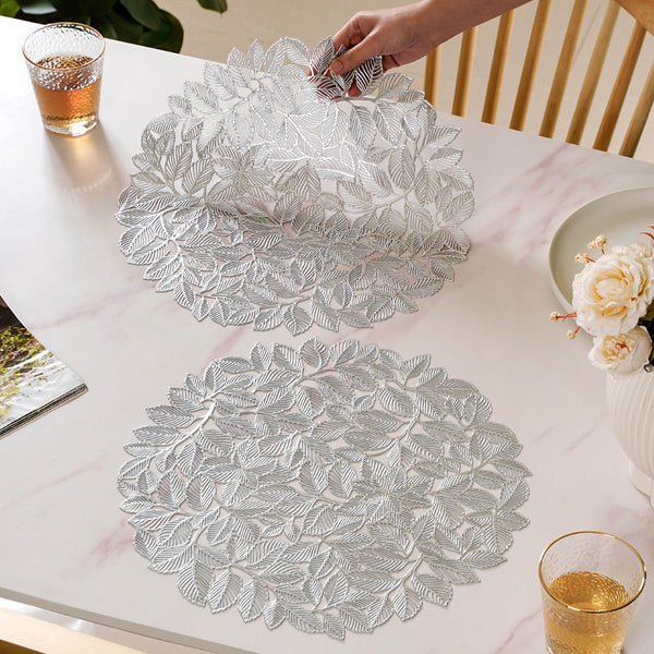 Round Silver Leaves Waterproof Placemat Set Of 6