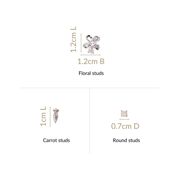 Playful Whimsy Silver Stud Earrings Set Of 3