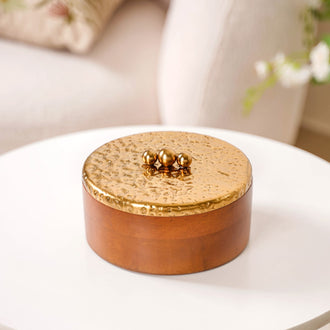 Polished Wood Round Decorative Box With Metal Lid 6 Inch