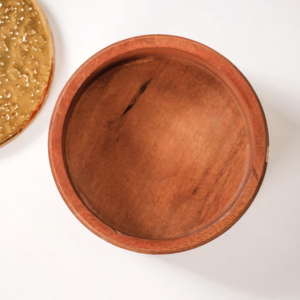 Polished Wood Round Decorative Box With Metal Lid 6 Inch