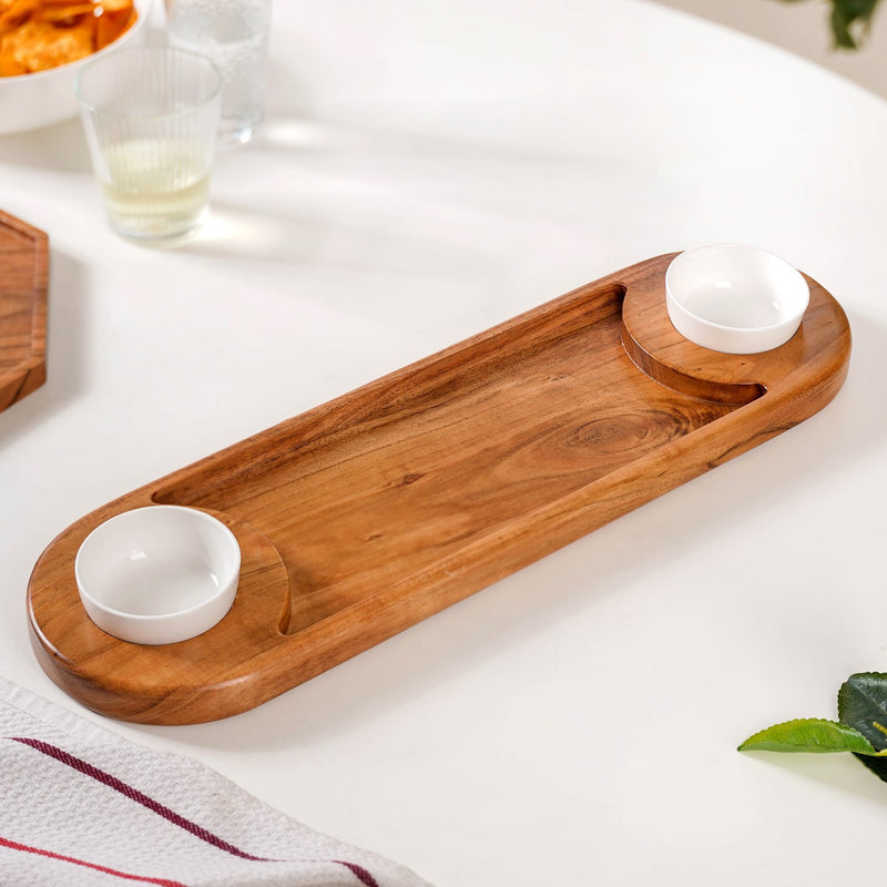 Wooden Snack Platter With Dip Bowls - Serving platter, serving platter for snacks, platter set, serving platter set