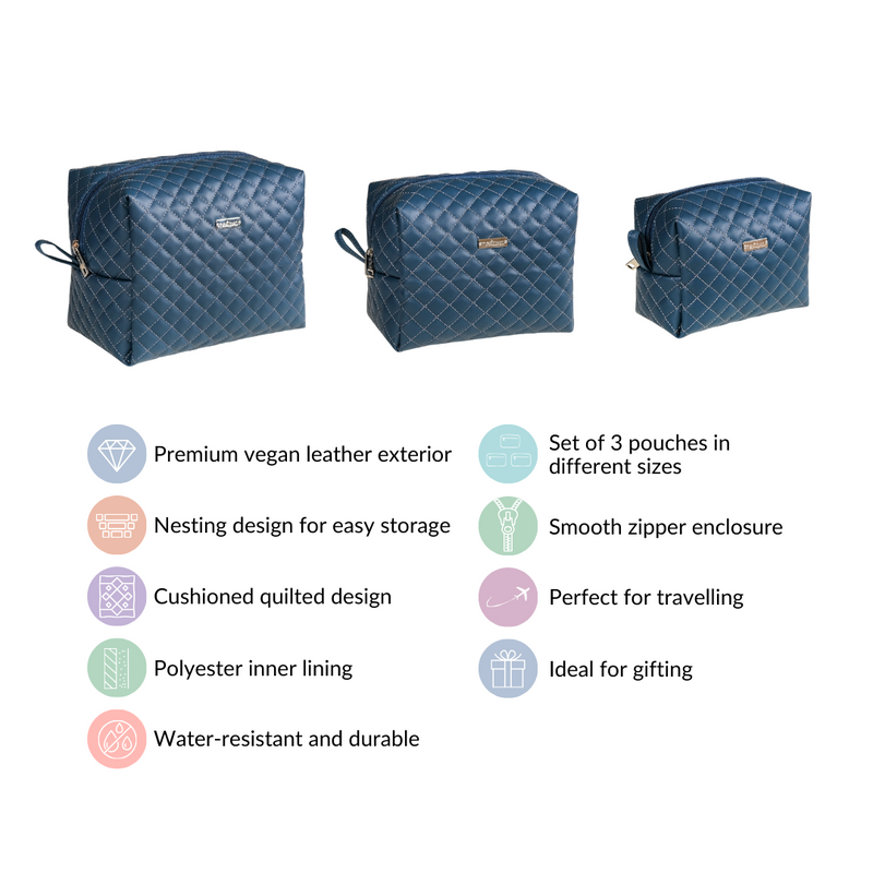 Bluish Grey Quilted Makeup Bags Set Of 3