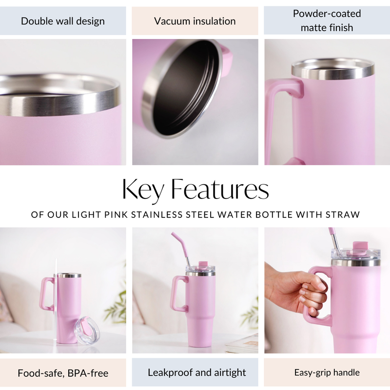 Light Pink Stainless Steel Water Bottle With Straw