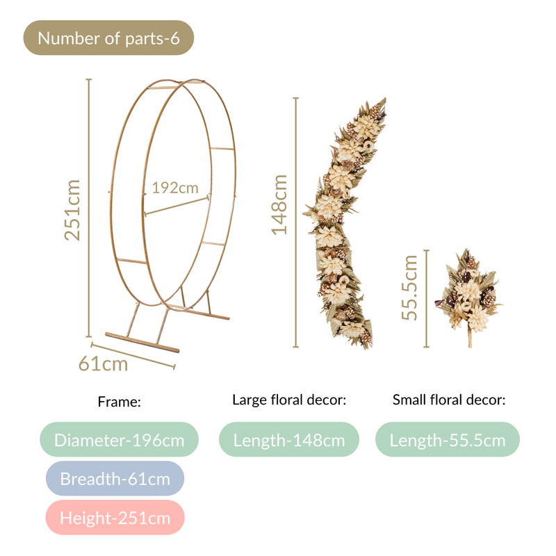 Gold Rings Backdrop Metal Frame With Floral Decorations 99 Inch - Metal Frame With Floral Decorations, Metal Backdrop, Gold Rings Backdrop, Decorative Metal Frame