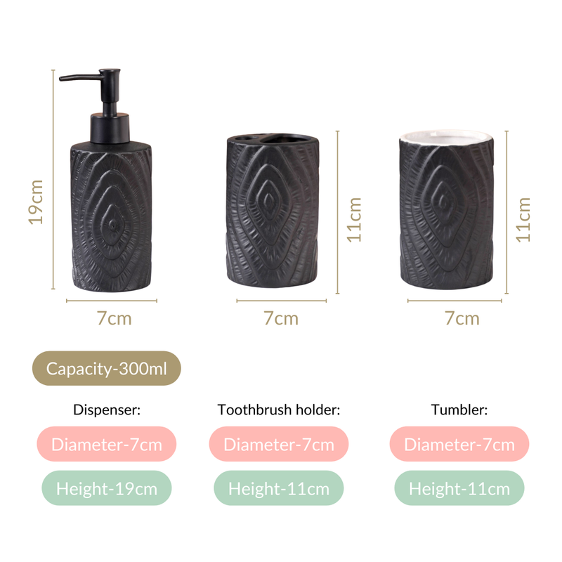 Matte Tree Ring Design Bath Set Of 3 Black