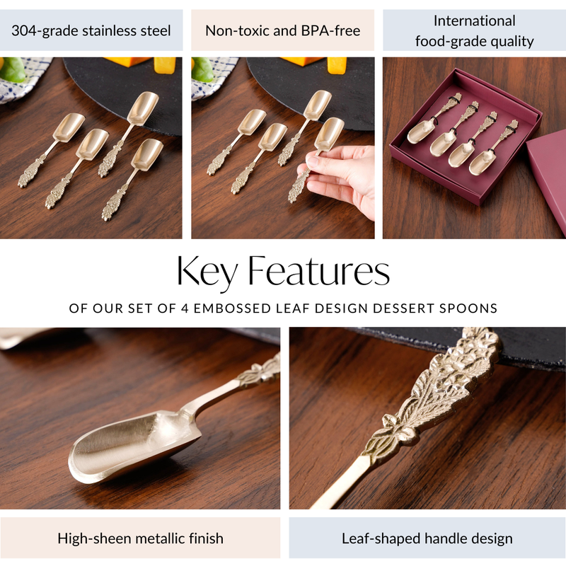 Set Of 4 Embossed Leaf Design Dessert Spoons