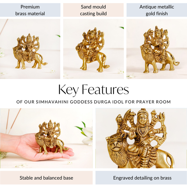 Simhavahini Goddess Durga Idol For Prayer Room 9cm